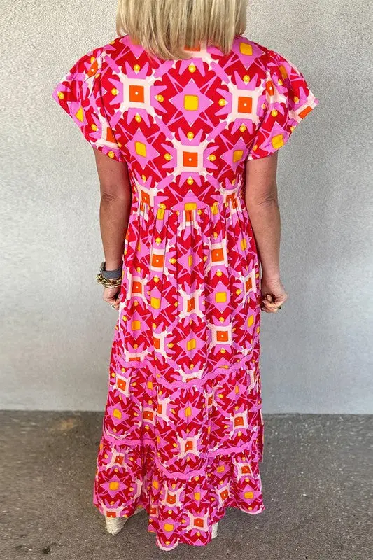 Women Strawberry Geo Print V-neck Maxi Dress - Image 3