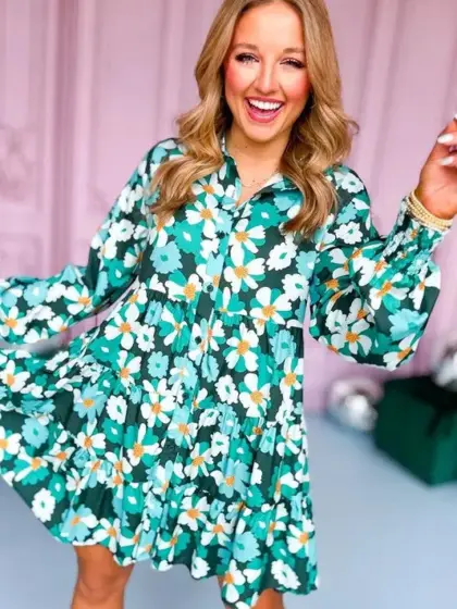 Green Floral Tiered Long Puff Sleeve Shirt Dress