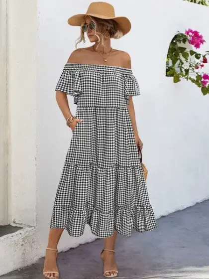 Summer Dress for Women Plaid Puff Sleeves Dress