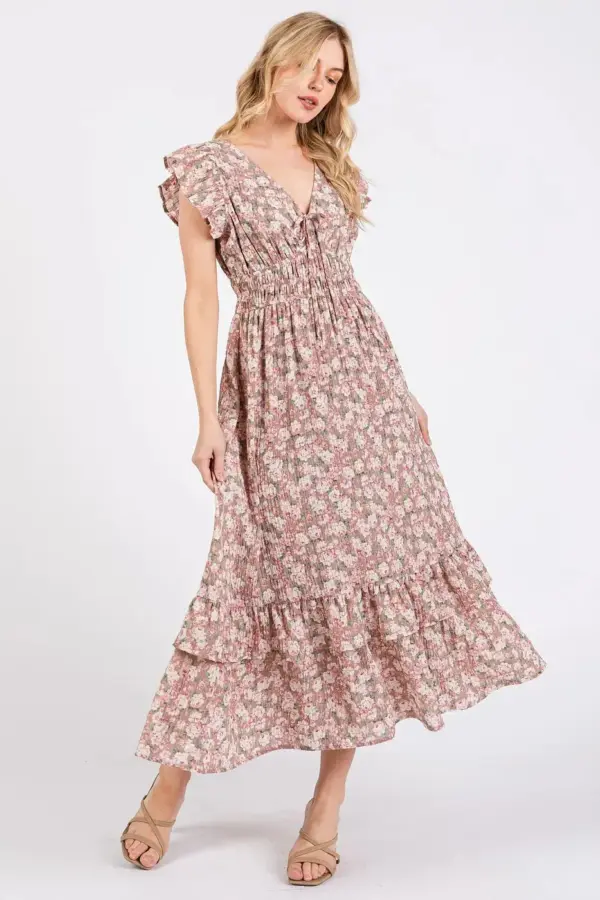 Mittoshop Flower Print Ruffle Cap Sleeve V-neck Midi Dress