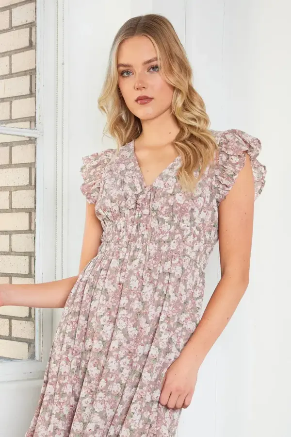 Mittoshop Flower Print Ruffle Cap Sleeve V-neck Midi Dress - Image 2