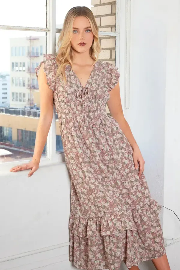 Mittoshop Flower Print Ruffle Cap Sleeve V-neck Midi Dress - Image 4