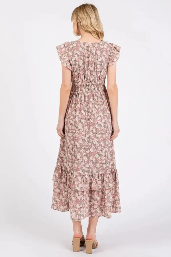 Mittoshop Flower Print Ruffle Cap Sleeve V-neck Midi Dress - Image 5