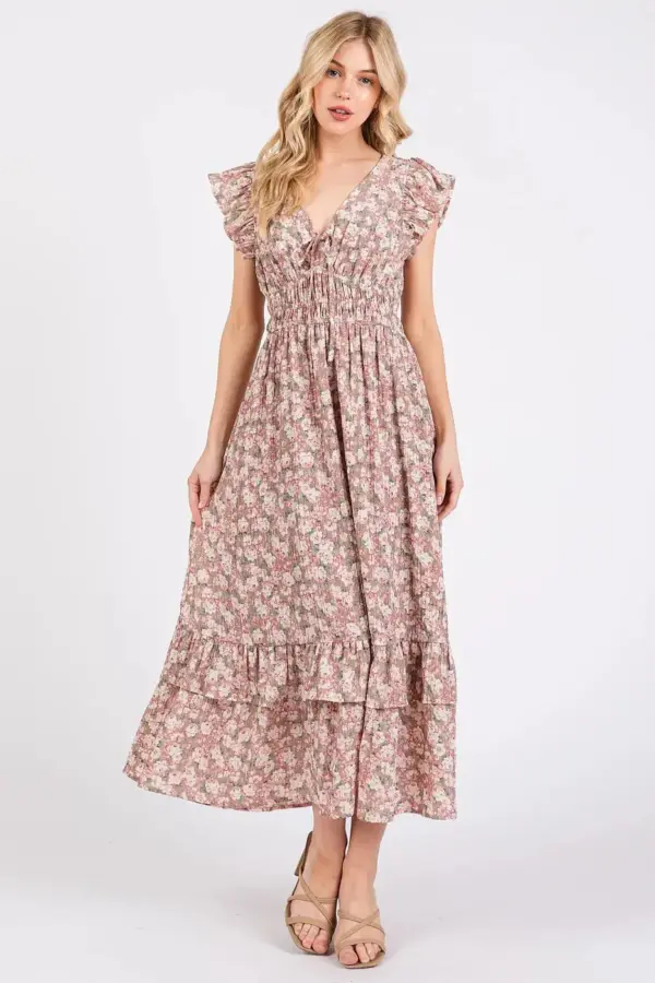 Mittoshop Flower Print Ruffle Cap Sleeve V-neck Midi Dress - Image 8