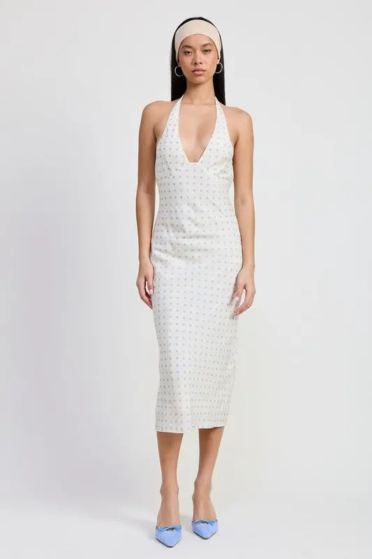 V NECK MAXI DRESS WITH NECK TIE