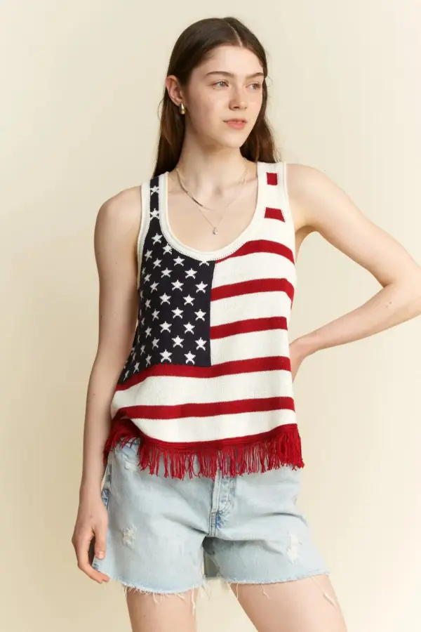 Jade By Jane Full Size American Flag Fringe Tank Top Plus Size - Image 2