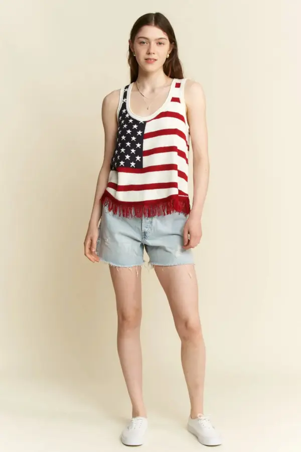 Jade By Jane Full Size American Flag Fringe Tank Top Plus Size - Image 6