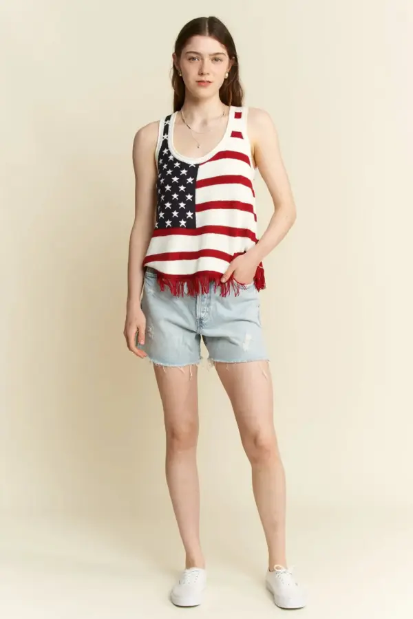 Jade By Jane Full Size American Flag Fringe Tank Top Plus Size - Image 7