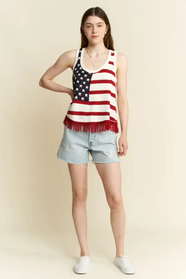 Jade By Jane Full Size American Flag Fringe Tank Top Plus Size - Image 8