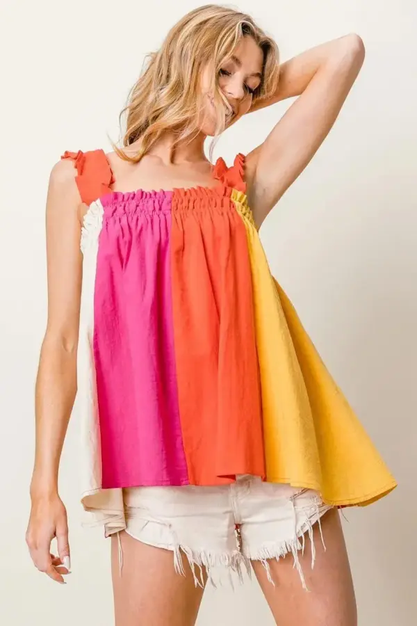 BiBi Frill Shoulder Strap Color Block Bodice Top - Image 2