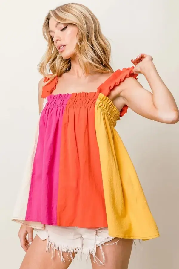 BiBi Frill Shoulder Strap Color Block Bodice Top - Image 3
