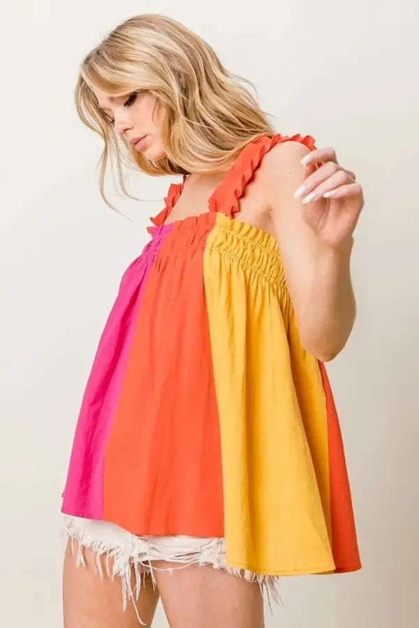 BiBi Frill Shoulder Strap Color Block Bodice Top - Image 4
