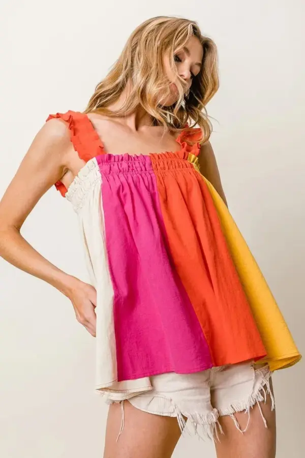 BiBi Frill Shoulder Strap Color Block Bodice Top - Image 5