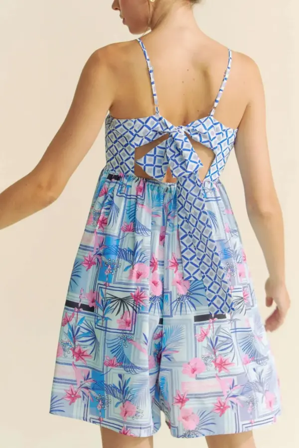 Davi & Dani Tropical Floral Geo Print Tie Back Tube Top Romper - Image 8