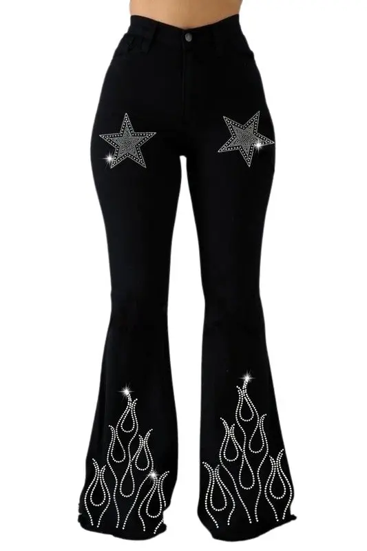 Bell Bottom Jean With Flame/Star Rhinestones