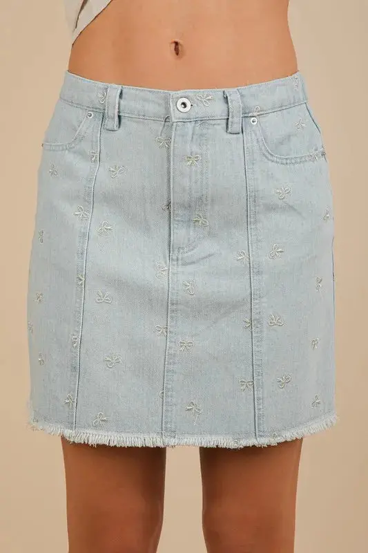 VERY J Bow Printed Casual Denim Mini Skirt