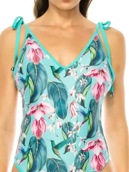 ONE PIECE BATHING SUIT FLORAL PRINT SHOULER TOP TI