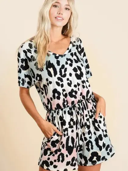 BiBi Gradation Leopard Soft Knit V-neck Romper