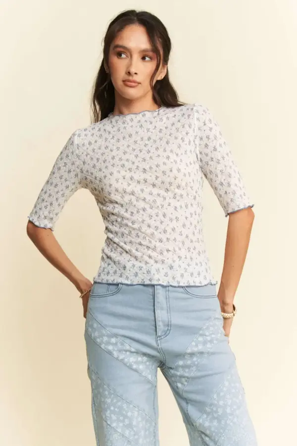 Davi & Dani Lace Stretch Floral Marrow Edge Half Sleeve Top - Image 2