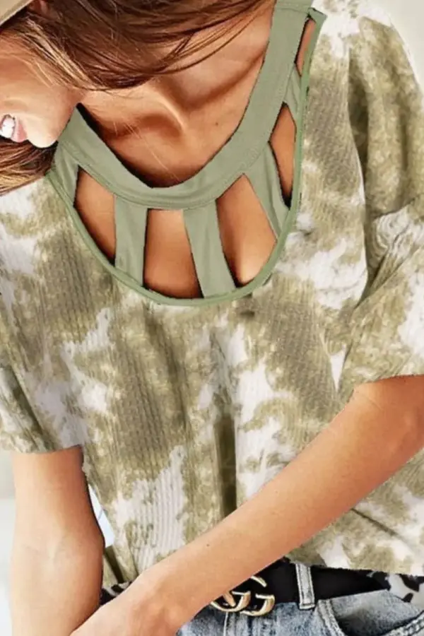 BiBi Tie Dye Print Waffle Top with Contrast Caged Neck - Image 2
