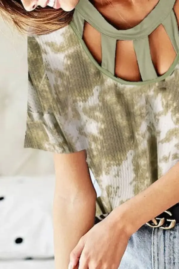 BiBi Tie Dye Print Waffle Top with Contrast Caged Neck - Image 3