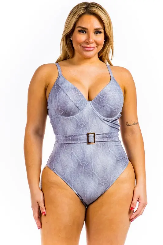 One Piece Buckle Belt embellish Denim Swimsuit - Image 4