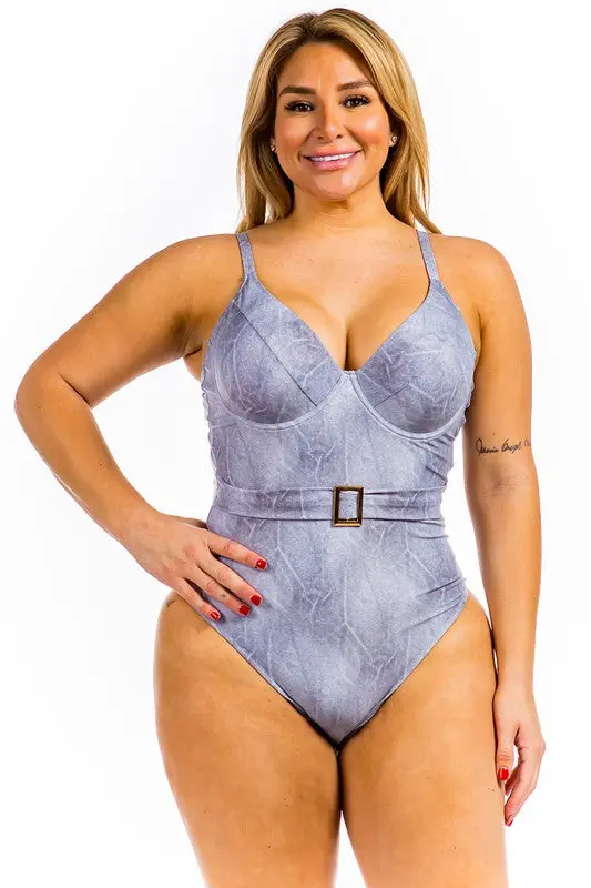 One Piece Buckle Belt embellish Denim Swimsuit - Image 5