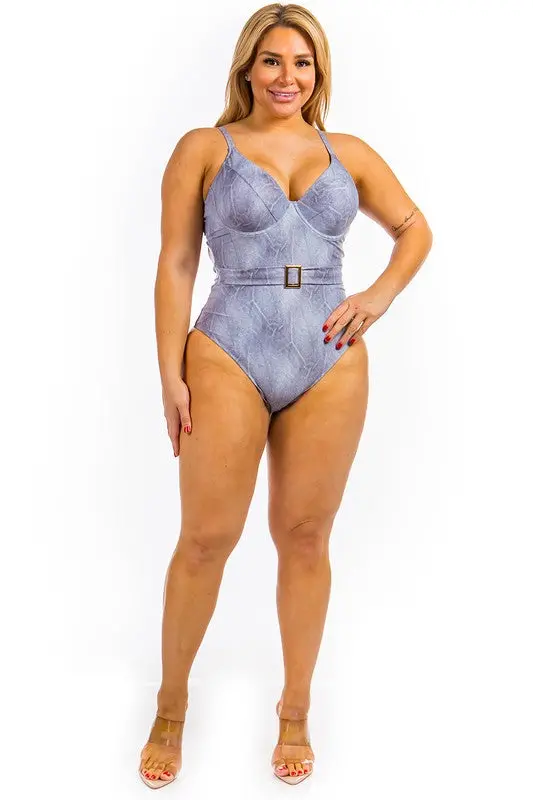 One Piece Buckle Belt embellish Denim Swimsuit - Image 6