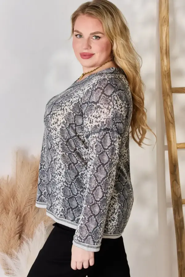 Hailey & Co Full Size Snakeskin V-Neck Long Sleeve Top - Image 3