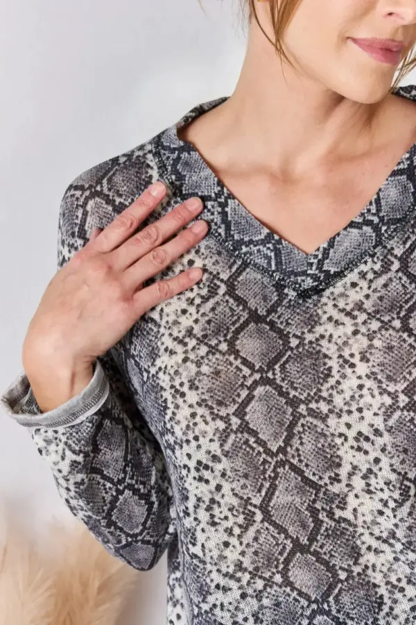 Hailey & Co Full Size Snakeskin V-Neck Long Sleeve Top - Image 10