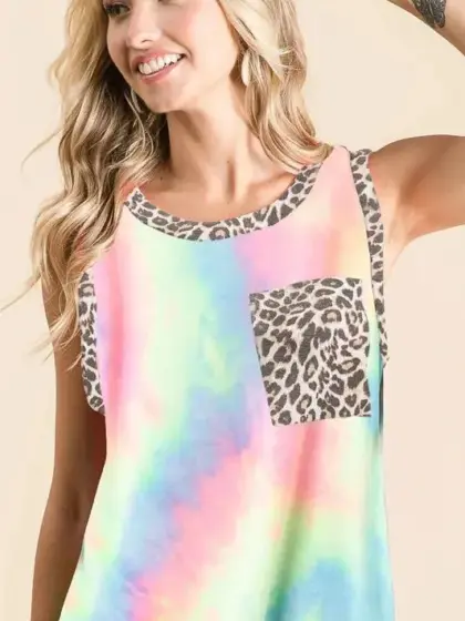 BiBi Sleeveless Tie Dye Top With Leopard Band