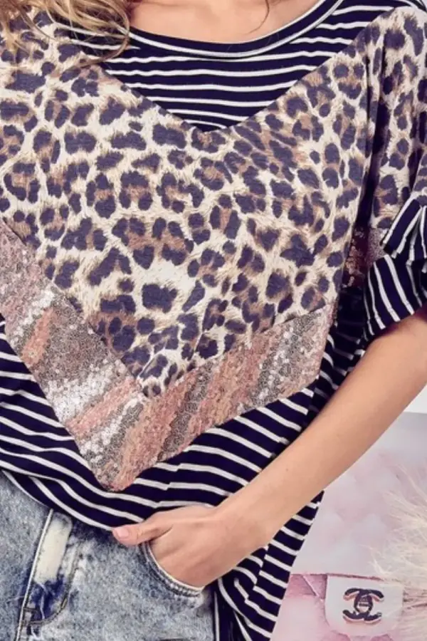 BiBi Stripe Rayon Span Knit Color Block Top With Leopard - Image 3