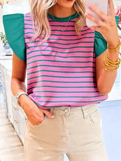 Pink Stripe Colorblock Ruffled Cotton Blouse Top