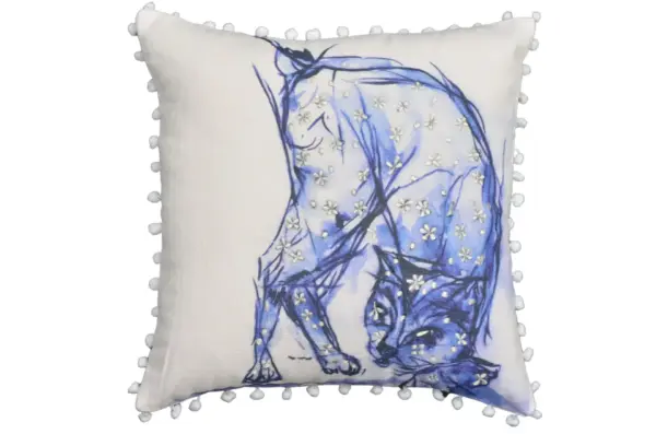 Blue Decorative Pillow with Pom-Poms Cat 18"x18" - Image 2