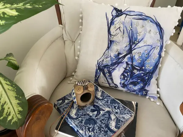 Blue Decorative Pillow with Pom-Poms Cat 18"x18" - Image 7