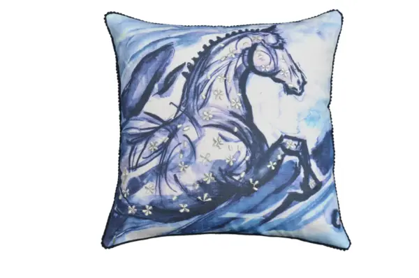 Embroidered 18"x18" Blue Decorative Pillow (Horse) - Image 2