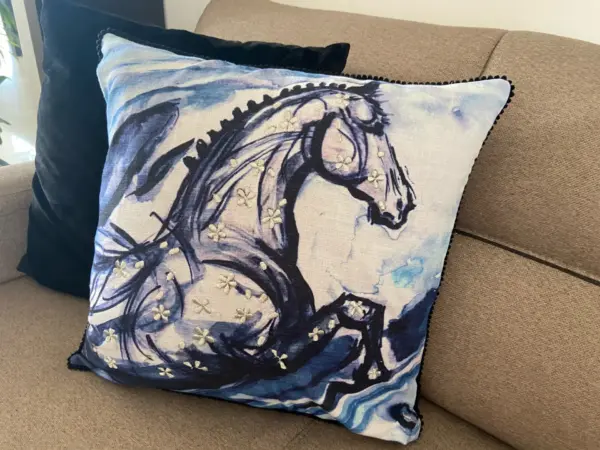 Embroidered 18"x18" Blue Decorative Pillow (Horse) - Image 7