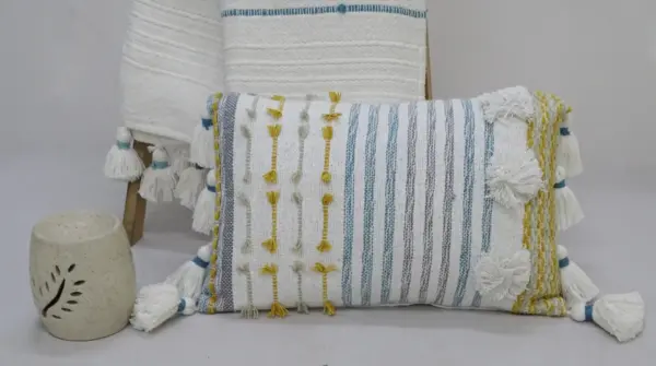 Designer Striped Pillow with Large Poms and Tassels 14"x20" - Image 2