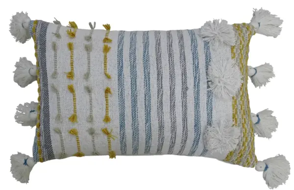 Designer Striped Pillow with Large Poms and Tassels 14"x20" - Image 3