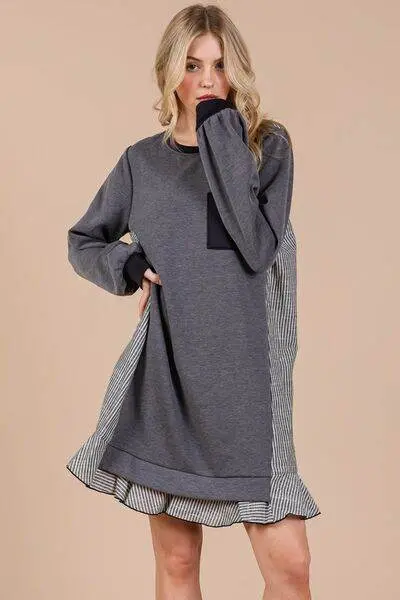 Ces Femme Striped Patchwork Round Neck Terry Sweatshirt Dress - Image 3