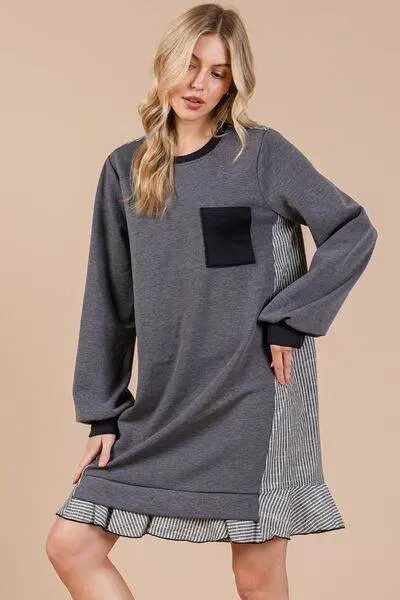 Ces Femme Striped Patchwork Round Neck Terry Sweatshirt Dress - Image 4