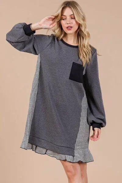 Ces Femme Striped Patchwork Round Neck Terry Sweatshirt Dress - Image 5