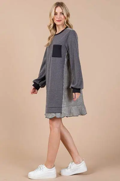 Ces Femme Striped Patchwork Round Neck Terry Sweatshirt Dress - Image 7