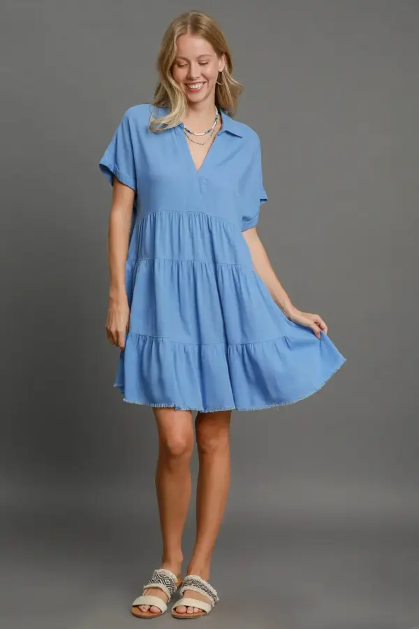 Umgee Full Size Raw Hem Folded Sleeve Tiered Dress Plus Size