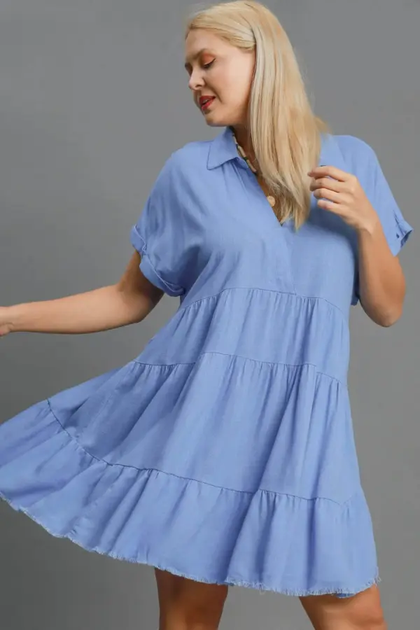 Umgee Full Size Raw Hem Folded Sleeve Tiered Dress Plus Size - Image 2