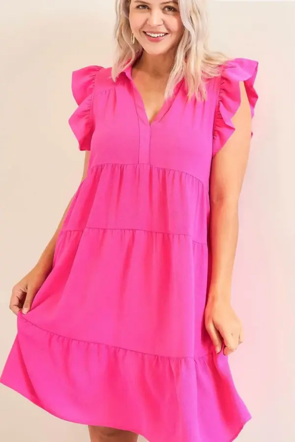 Umgee Full Size Johnny Collar Ruffle Cap Sleeve Tiered Dress Plus Size - Image 3