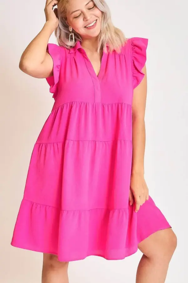 Umgee Full Size Johnny Collar Ruffle Cap Sleeve Tiered Dress Plus Size - Image 4