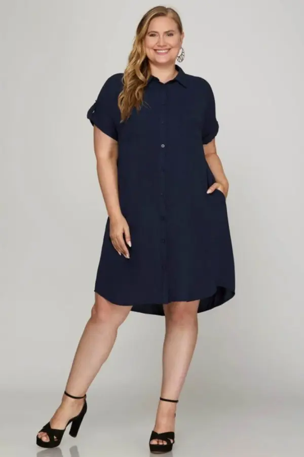 She + Sky Full Size Button Down Short Sleeve Woven Shirt Dress Plus Size - Image 3