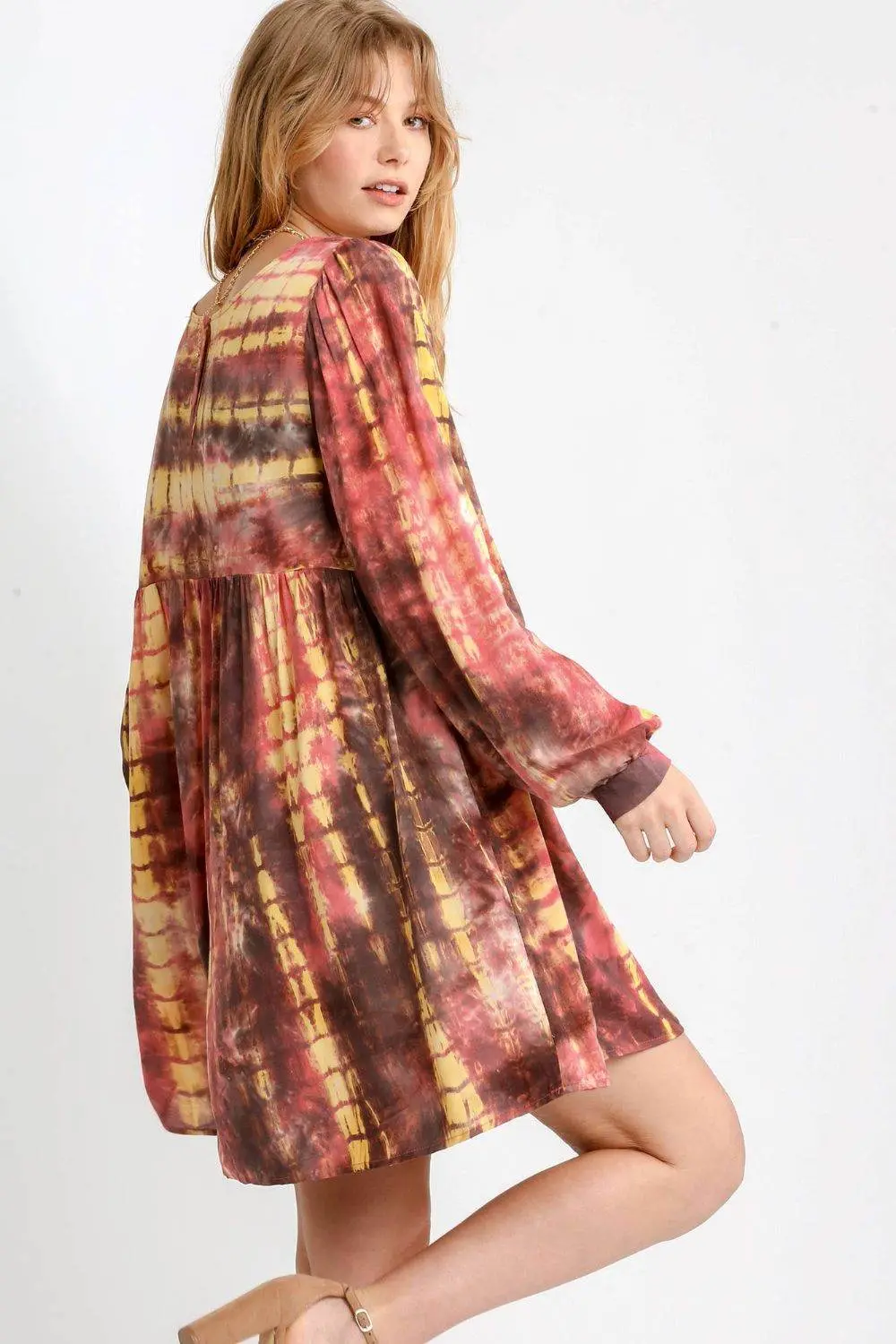 Umgee Full Size Tie Dye Long Sleeve Babydoll Dress with Keyhole Plus Size - Image 2