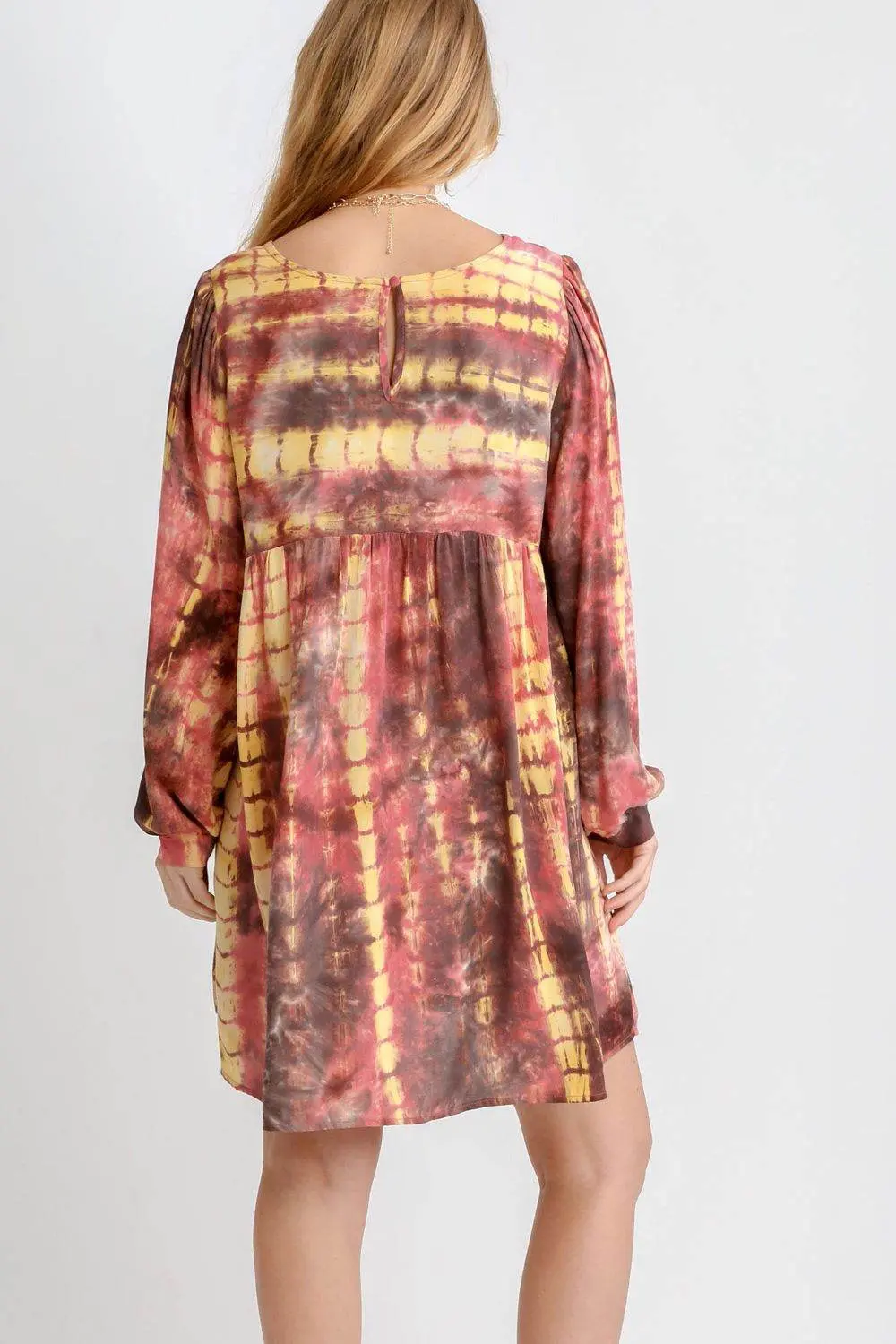 Umgee Full Size Tie Dye Long Sleeve Babydoll Dress with Keyhole Plus Size - Image 3